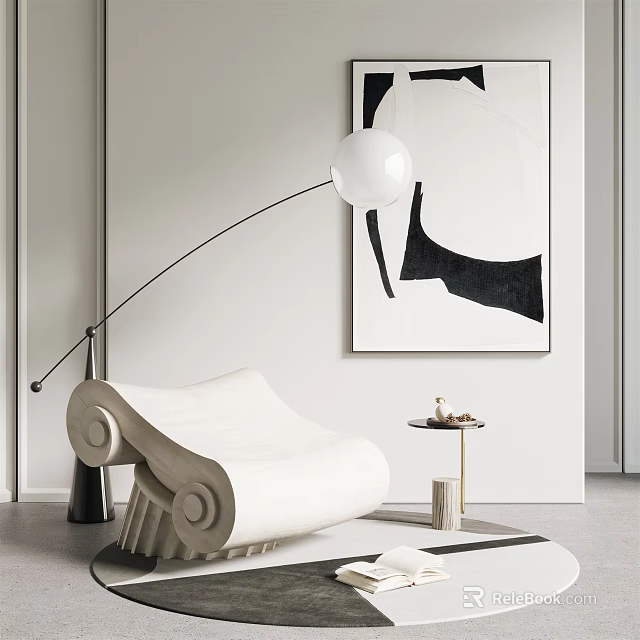 Modern White Leisure Chair In Stylish Interior With Arched Lamp Abstract Painting And Side Table 3d model 