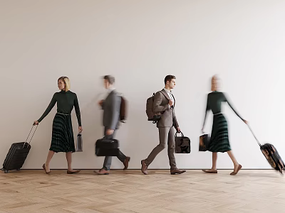 Group of business people walking with suitcases in modern wooden floor and white wall setting 3d model