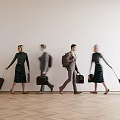 Group of business people walking with suitcases in modern wooden floor and white wall setting