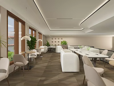 Modern Restaurant Interior With Large Windows White Furniture And Green Plants 3d model