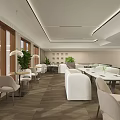Modern Restaurant Interior With Large Windows White Furniture And Green Plants