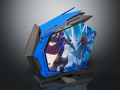 Modern Blue Futuristic Gaming PC Case With Game Theme Panel And RGB Lighting 3d model