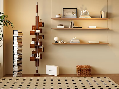 Modern Wooden Bookshelf Featuring Spiral Design Wall-mounted Shelves Books Decor and Green Plant 3d model