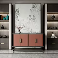 Modern Entryway Cabinet and Side Cabinet Design With Red Doors Display Shelves and Decorative Artwork