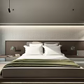 Hotel Guest Room Interior With Textured Wall Wooden Headboard Nightstand Books Table Lamp And Herringbone Floor