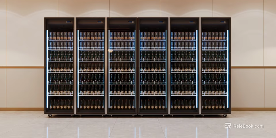 Black Modern Refrigerators With Neatly Arranged Bottled Drinks Against White Walls And Smooth Floor 3d model 