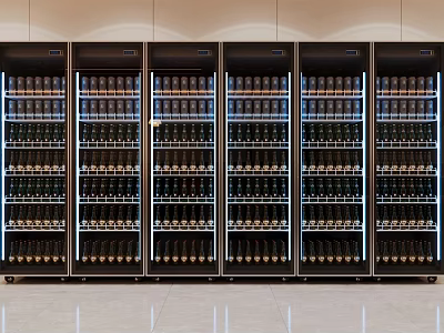 Black Modern Refrigerators With Neatly Arranged Bottled Drinks Against White Walls And Smooth Floor 3d model