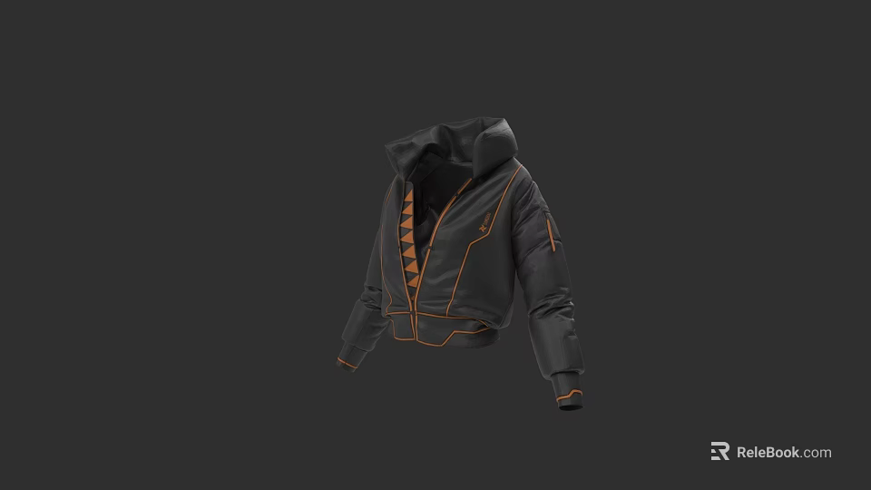 Stylish Black Hooded Jacket Featuring Orange Stitching And Zipper Design 3d model 