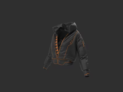 Stylish Black Hooded Jacket Featuring Orange Stitching And Zipper Design 3d model