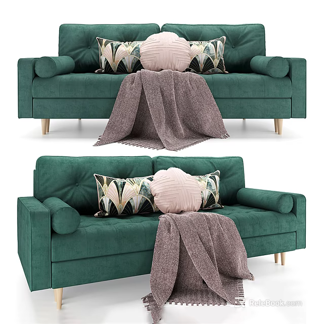 Green Multi Seater Sofa With Geometric Pattern Pillows Pink Round Cushion And Soft Throw Blanket 3d model