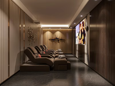 Cozy Modern Entertainment Lounge With Brown Recliners Wooden Walls And Large Screen TV 3d model