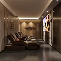 Cozy Modern Entertainment Lounge With Brown Recliners Wooden Walls And Large Screen TV