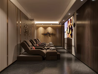 Cozy Modern Entertainment Lounge With Brown Recliners Wooden Walls And Large Screen TV 3d model