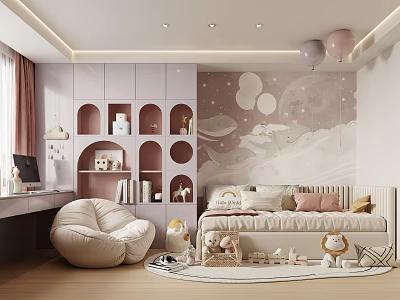 Pastel Pink Kids Bedroom With Built In Shelves Bean Bag And Toys 3d model