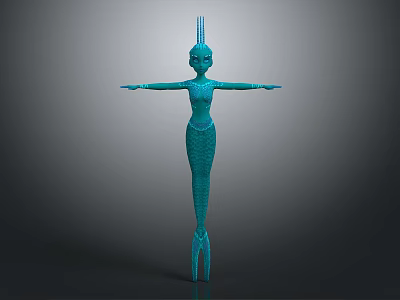 Blue Humanoid Sculpture With Mermaid Fish Fin Feet Streamlined Body Antenna Head And Outstretched Arms 3d model