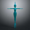 Blue Humanoid Sculpture With Mermaid Fish Fin Feet Streamlined Body Antenna Head And Outstretched Arms