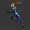 Dynamic Female Character In Blue Bodysuit With Blonde Hair Blaster Back Emblem And Dual Views