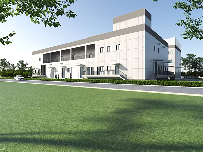 Modern Industrial Factory Building With White Exterior Gray Roof Green Lawn Trees And Road Frontage 3d model