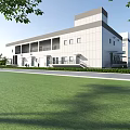 Modern Industrial Factory Building With White Exterior Gray Roof Green Lawn Trees And Road Frontage