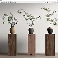 Three Bonsai Plants in Dark Ceramic Pots on Wooden Pedestals Minimalist Interior