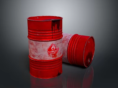Red Oil Drums With Logo One Upright And One Tilted On Dark Background 3d model