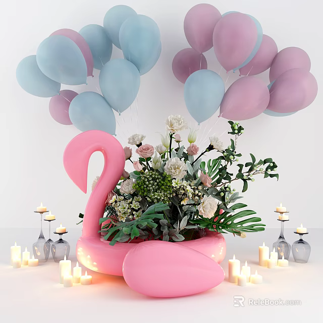 Decorative Ornament Set With Pink Flamingo Holder Flower Arrangement Blue Pink Balloons And White Candles 3d model 
