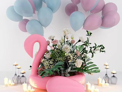 Decorative Ornament Set With Pink Flamingo Holder Flower Arrangement Blue Pink Balloons And White Candles 3d model