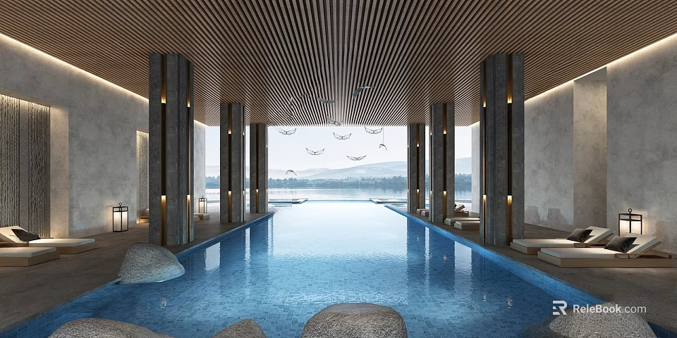 Modern Indoor Swimming Pool Design with Wooden Ceiling Columns Stone Decorations and Natural Light View 3d model 