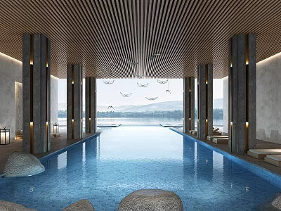 Modern Indoor Swimming Pool Design with Wooden Ceiling Columns Stone Decorations and Natural Light View 3d model
