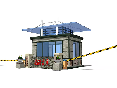 Modern Security Booth With Blue Roof Stone Walls Windows And Yellow Black Caution Tape 3d model