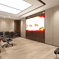 Spacious Conference Room With Long Table Black Chairs Wooden Walls And Ceiling Lights
