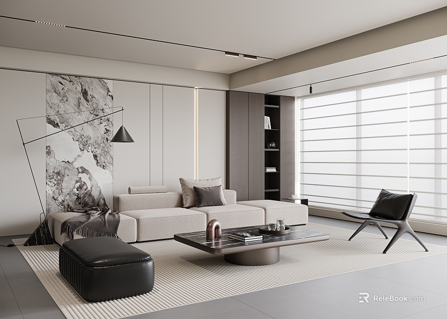 Modern Living Room Interior With Beige Sofa Black Armchair Ottoman And Decorative Artwork 3d model 