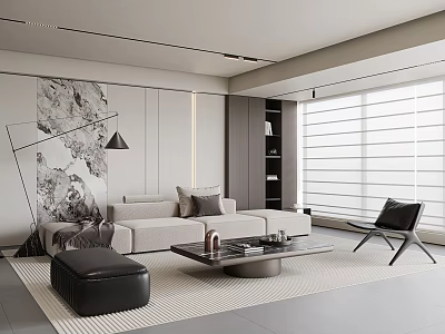 Modern Living Room Sofa Coffee Table Modular Combination Sofa Single Leisure Chair Stainless Steel Marble Coffee Table Floor Lamp Books Roman Curtain Jewelry Ornaments 3d model