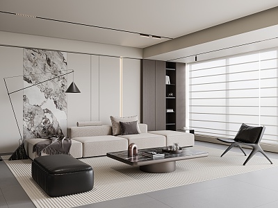 Modern Living Room Sofa Coffee Table Modular Combination Sofa Single Leisure Chair Stainless Steel Marble Coffee Table Floor Lamp Books Roman Curtain Jewelry Ornaments 3d model