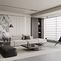 Modern Living Room Interior With Beige Sofa Black Armchair Ottoman And Decorative Artwork
