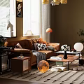 Modern Living Room Interior With Brown Leather Sofa Chandelier Blinds And Moon Decoration