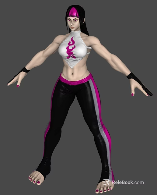 Athletic Female Character Wearing White Flame Top Black Pink Striped Leggings And Black Wristbands 3d model 