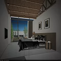 Modern Hotel Guest Room With Wooden Ceiling Large Bed Framed Paintings And Greenery View