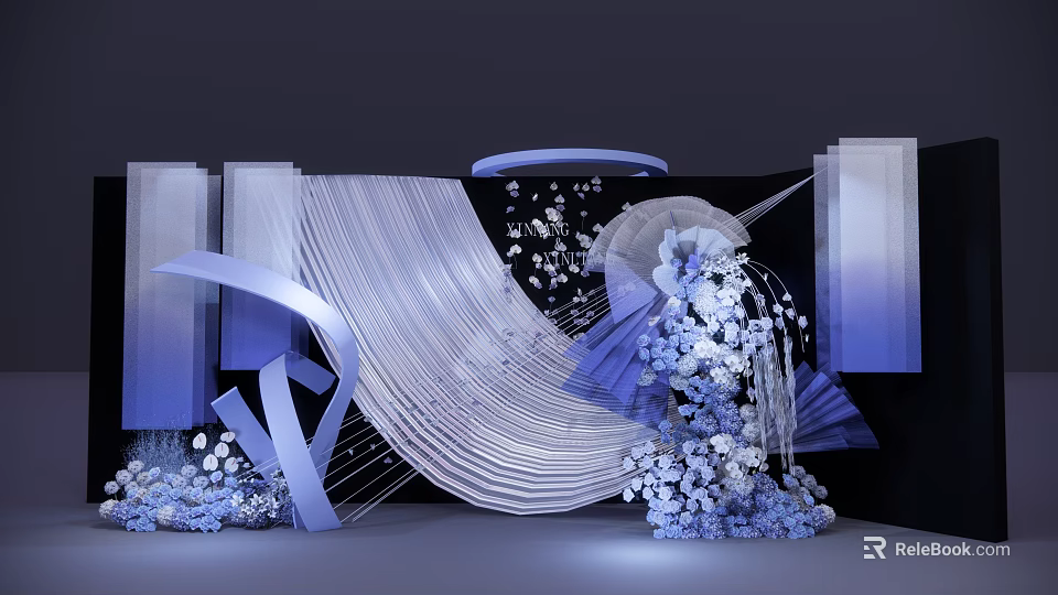 Modern Luxury Stage With Blue White Floral Decor Curved Lines Structure and Lighting Effects 3d model 