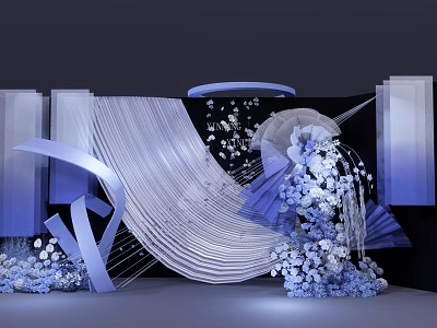 Modern Luxury Stage With Blue White Floral Decor Curved Lines Structure and Lighting Effects 3d model