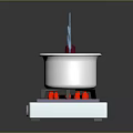Silver Cooking Pot With Red Handle On White Hot Plate Boiling Blue Liquid