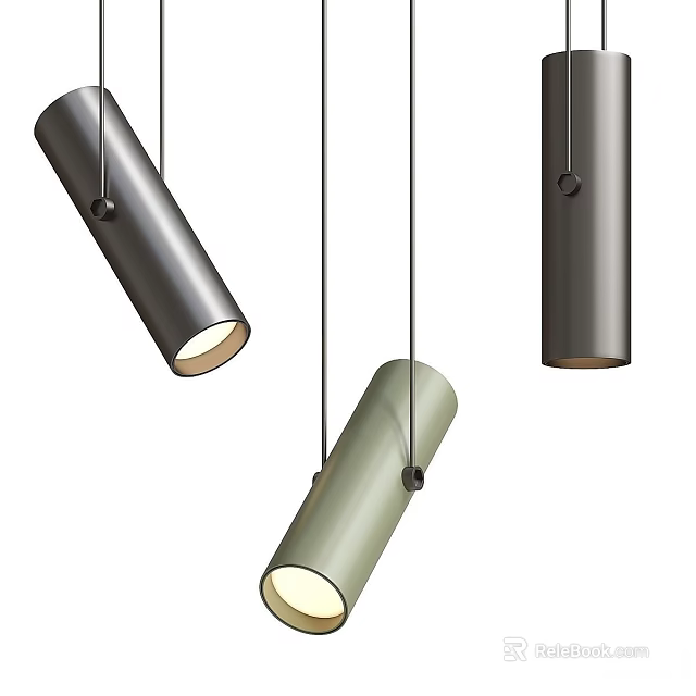 Modern Cylindrical Pendant Lights With Metallic Finish And Gray Green Tones 3d model 