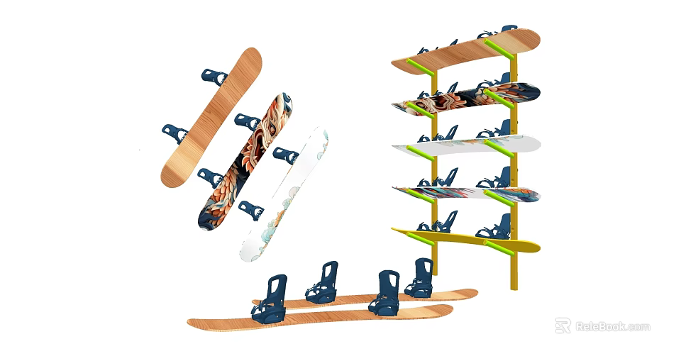 Wall Mounted Hanging Rack With Multi Layer Storage For Skis And Snowboards 3d model 