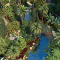 Residential Landscape With Lush Greenery Palm Trees Pond Pathway And Blooming Trees