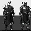 Man in armored attire with sword on back front and back views displaying warrior design