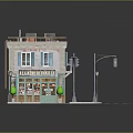 Cartoon Corner Building Scene with Pauline Store Sign Potted Plants Street Lamp and Traffic Light