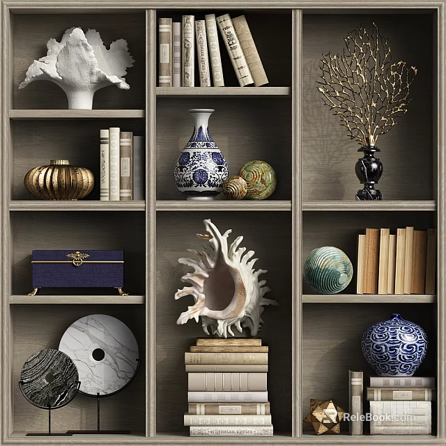 Decorative Ornament Set With Shell Vase Books And Golden Branch On Display Shelf 3d model 