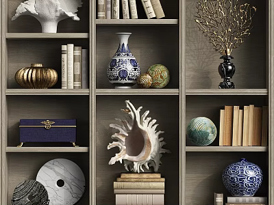 Decorative Ornament Set With Shell Vase Books And Golden Branch On Display Shelf 3d model
