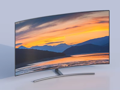 Curved TV with Modern Sleek Silver Stand Displaying High Definition Sunset Mountain Landscape 3d model