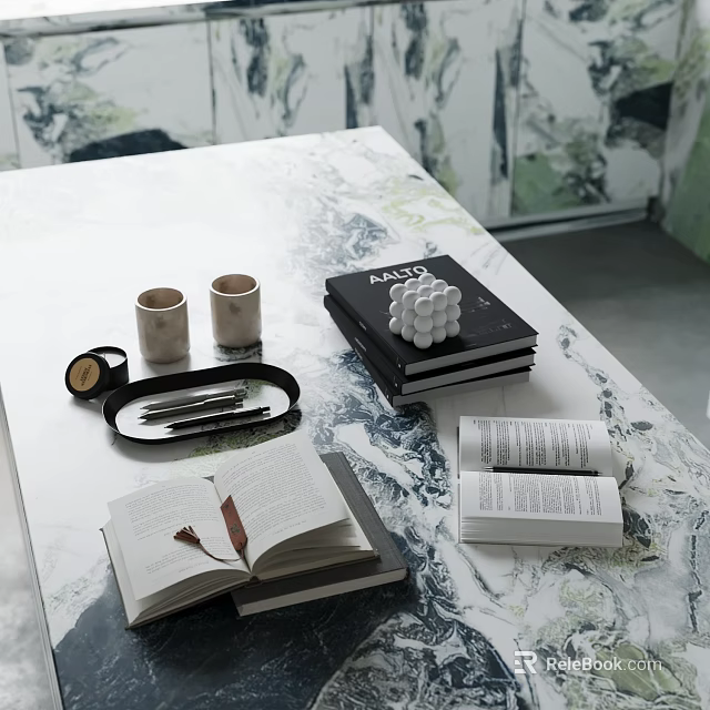 Marble Tabletop Decorative Ornament Set With Stacked Books Pen Tray And Leaf Decor 3d model 
